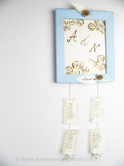 tableau per matrimonio con rose e pizzi